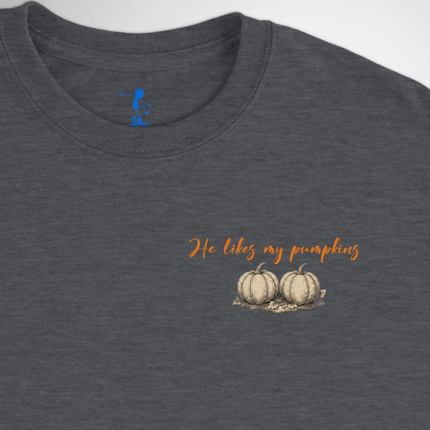 Womens He Likes My Pumpkins Halloween T-shirt available in black, maroon, navy blue, grey, and green