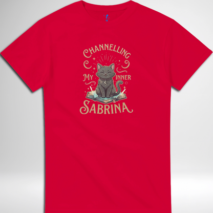 Channelling My Inner Sabrina Halloween t-shirt featuring a magical cat design laid out flat available in red pink, blue, orange, green, black