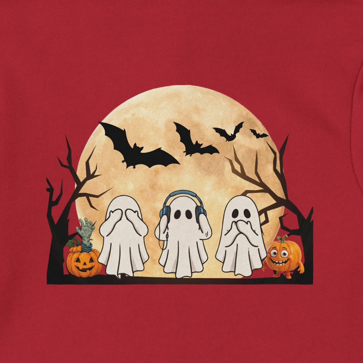 Ghost Trio Halloween Pullover Hoodie red blue green grey white sand orange