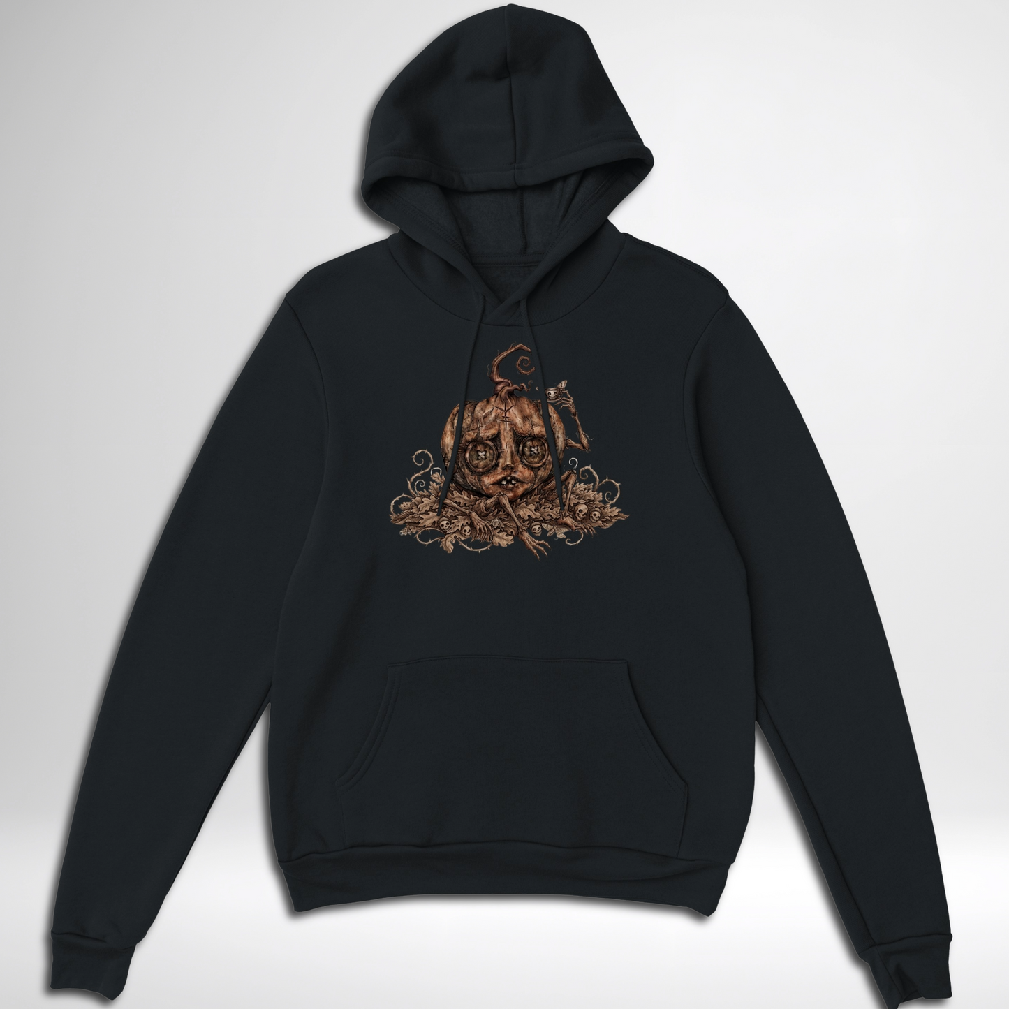 Creepy Stitch Doll Pumpkin pullover hoodie is available in black, maroon, grey, and green