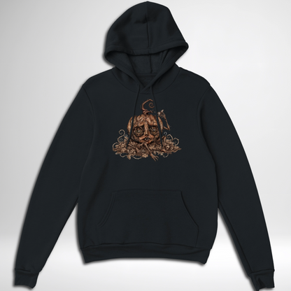 Creepy Stitch Doll Pumpkin pullover hoodie is available in black, maroon, grey, and green