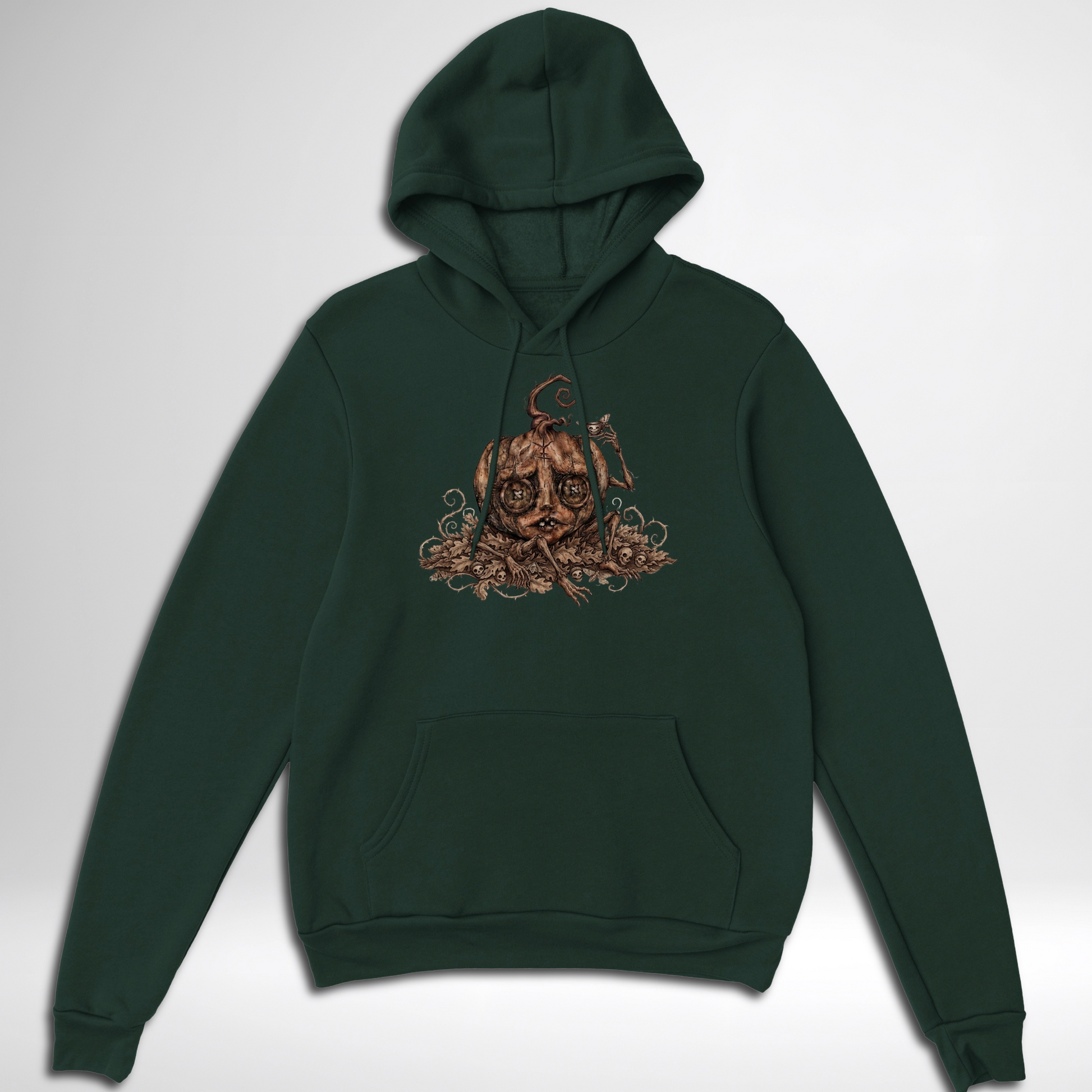 Creepy Stitch Doll Pumpkin pullover hoodie is available in black, maroon, grey, and green