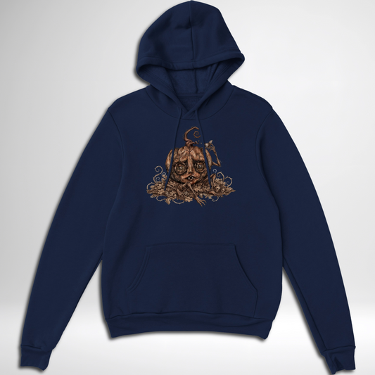 Creepy Stitch Doll Pumpkin Halloween pullover hoodie is available in black, maroon, grey, and green