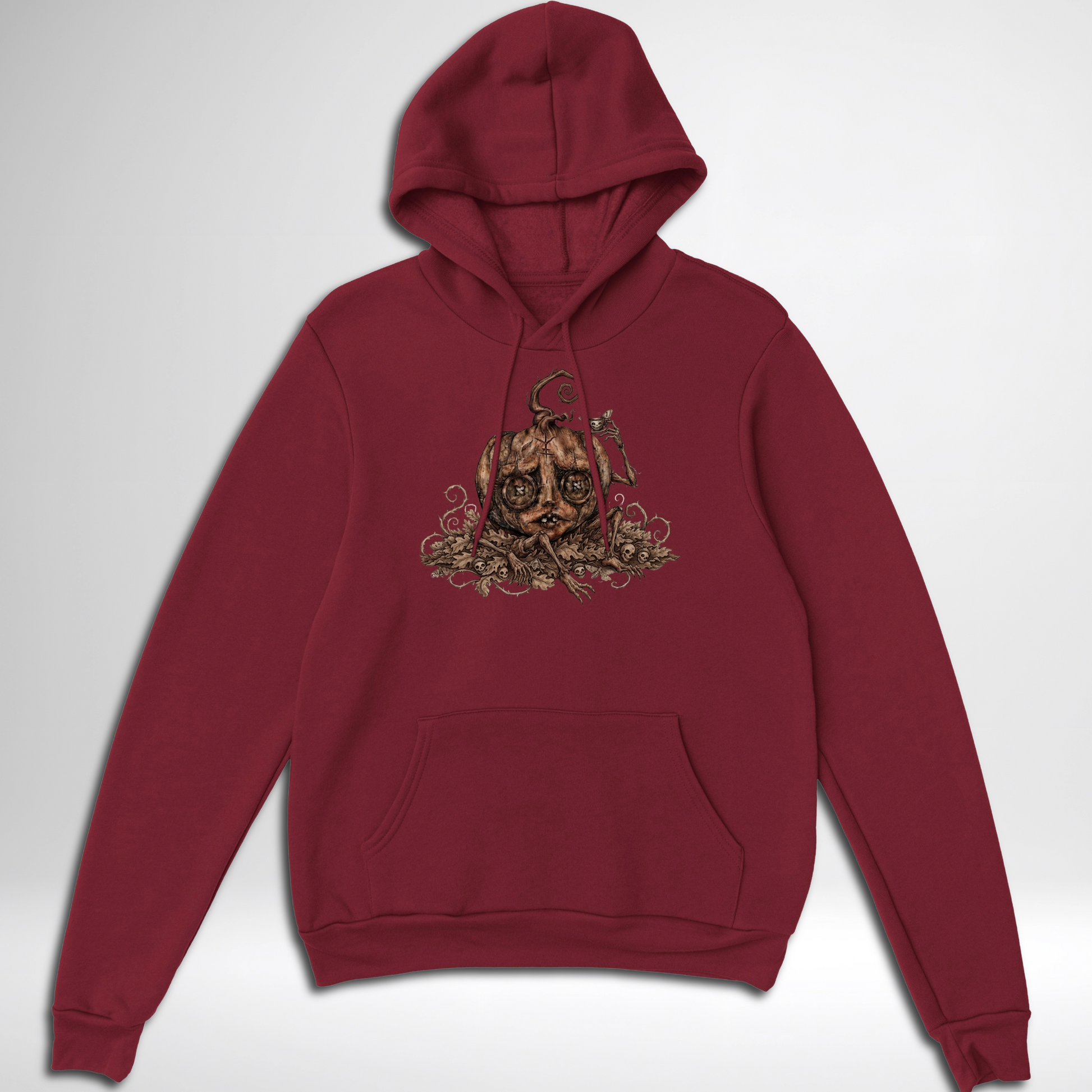 Creepy Stitch Doll Pumpkin pullover hoodie is available in black, maroon, grey, and green