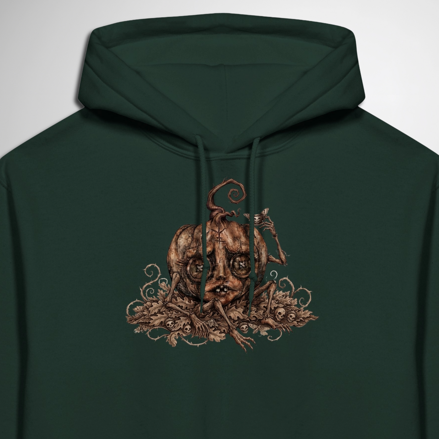 close up of Creepy Stitch Doll Pumpkin pullover hoodie is available in black, maroon, grey, and green