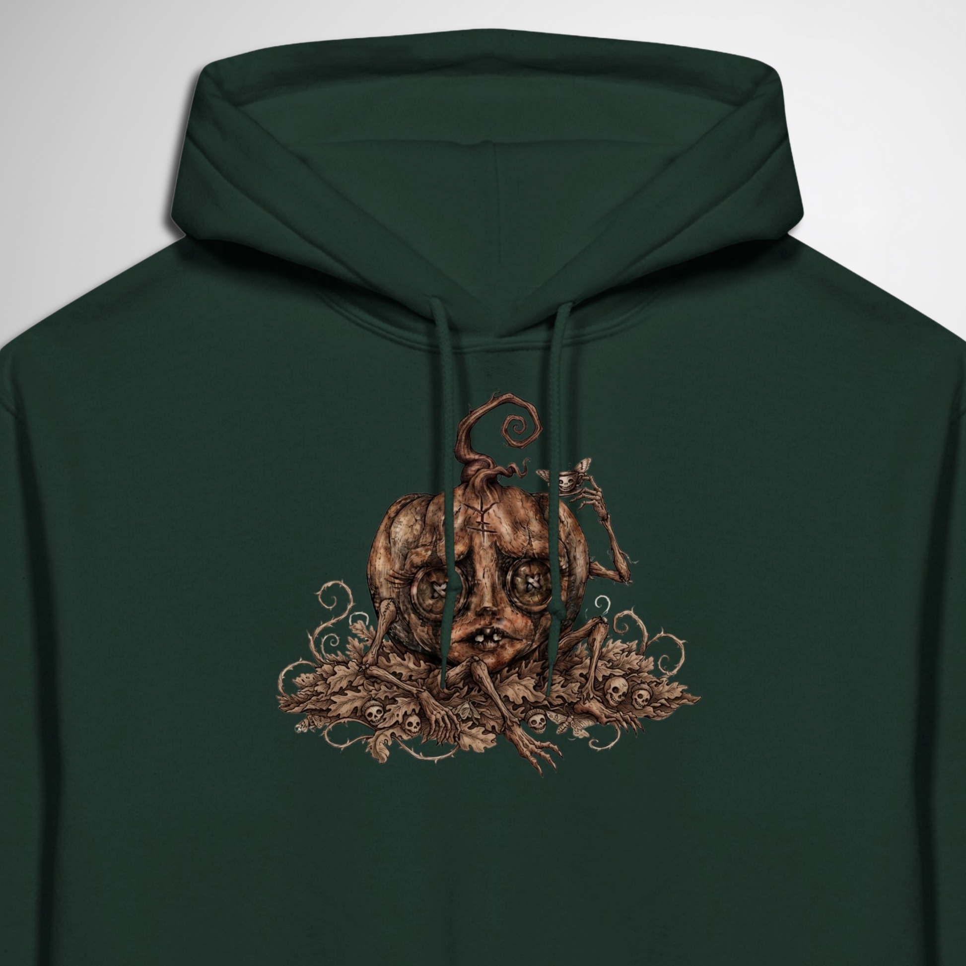close up of Creepy Stitch Doll Pumpkin pullover hoodie is available in black, maroon, grey, and green