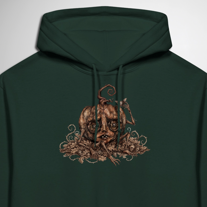 close up of Creepy Stitch Doll Pumpkin pullover hoodie is available in black, maroon, grey, and green