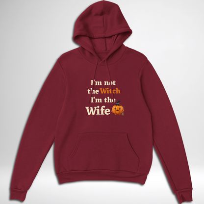 Maroon red women's I'm Not The Witch I'm The Wife Halloween hoodie available in green, black, navy, maroon, grey