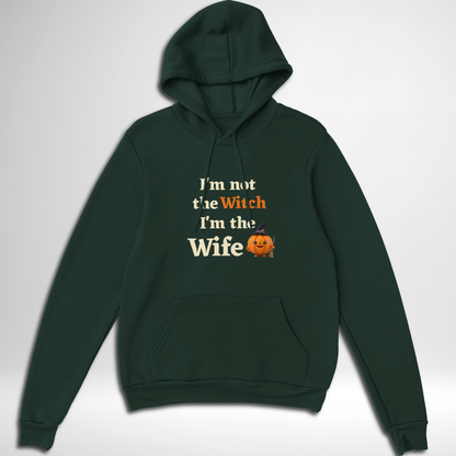 Green women's I'm Not The Witch I'm The Wife Halloween hoodie available in green, black, navy, maroon, grey