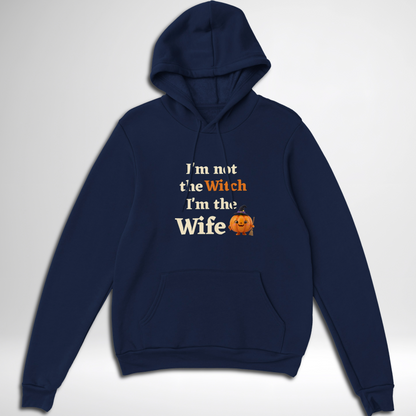 Navy women's I'm Not The Witch I'm The Wife Halloween hoodie available in green, black, navy, maroon, grey