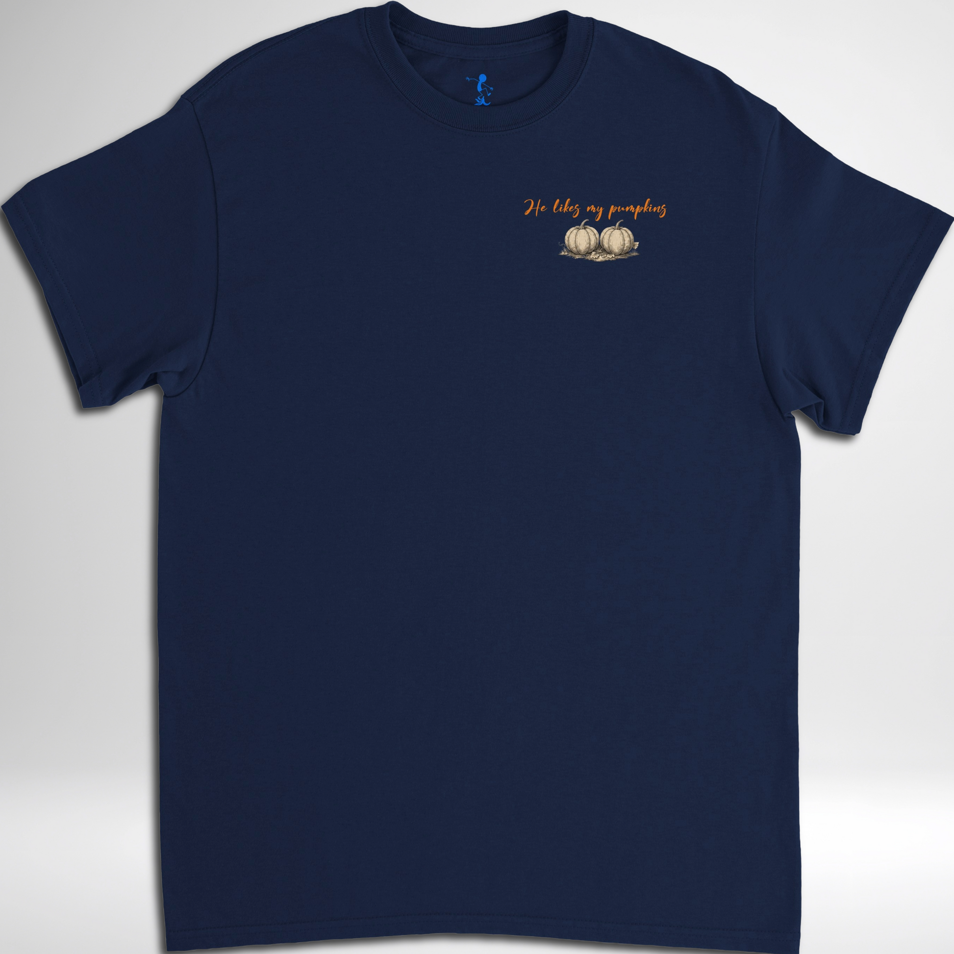 Womens He Likes My Pumpkins Halloween T-shirt available in black, maroon, navy blue, grey, and green