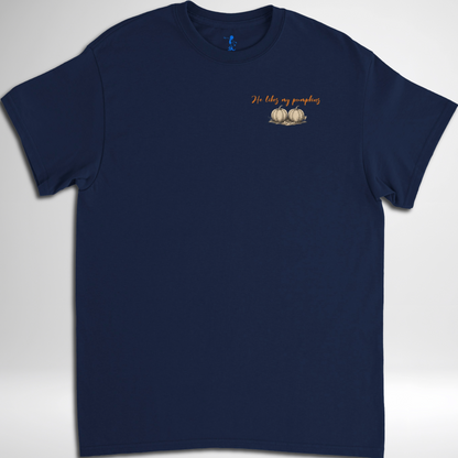 Womens He Likes My Pumpkins Halloween T-shirt available in black, maroon, navy blue, grey, and green