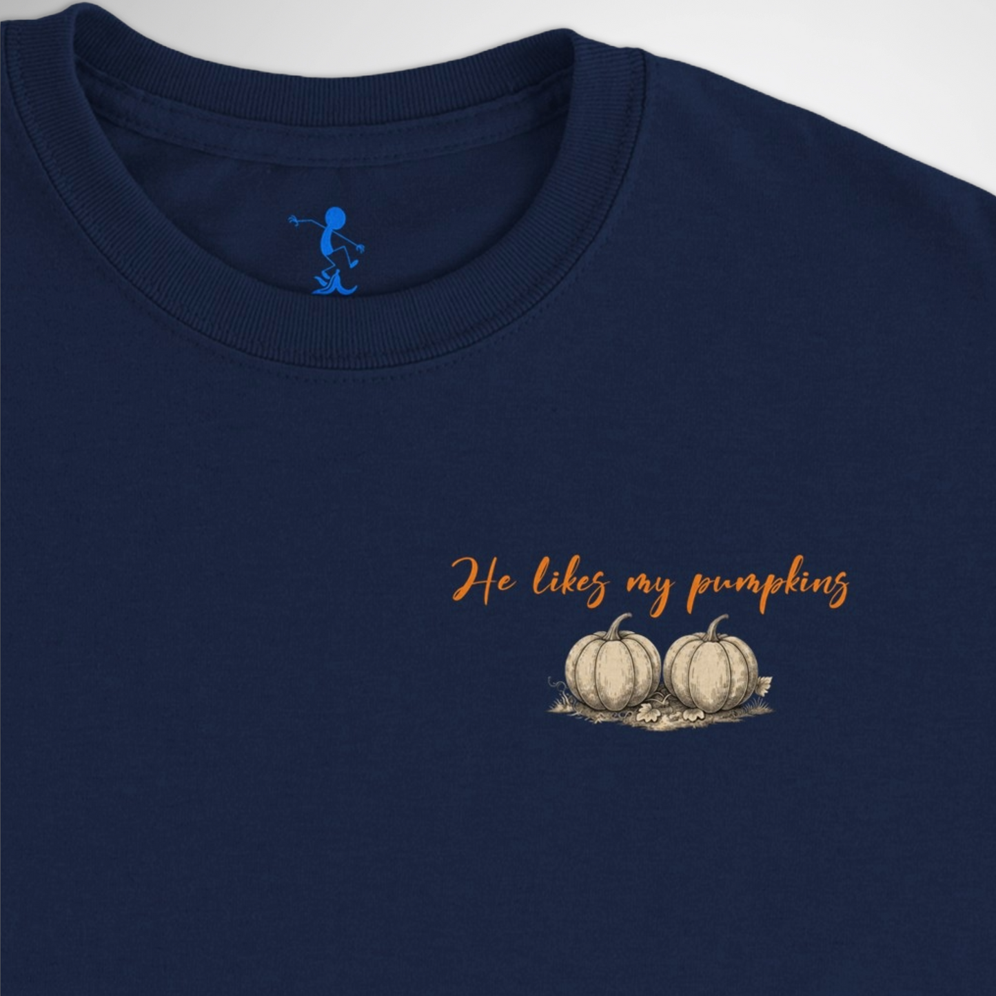 Womens He Likes My Pumpkins Halloween T-shirt available in black, maroon, navy blue, grey, and green