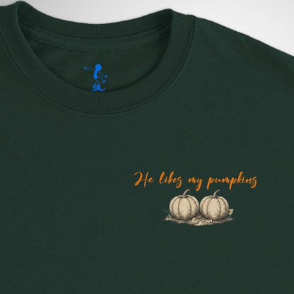 Womens He Likes My Pumpkins Halloween T-shirt available in black, maroon, navy blue, grey, and green