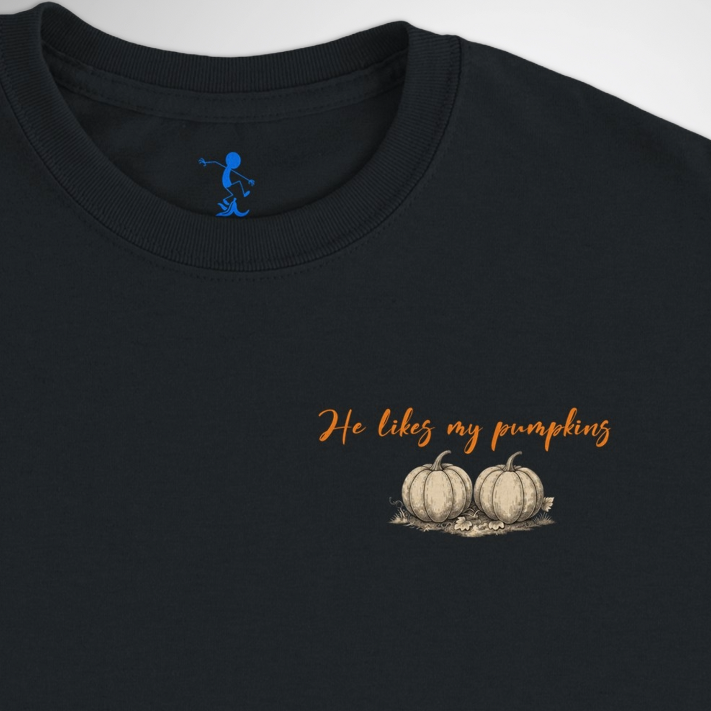 Womens He Likes My Pumpkins Halloween T-shirt available in black, maroon, navy blue, grey, and green