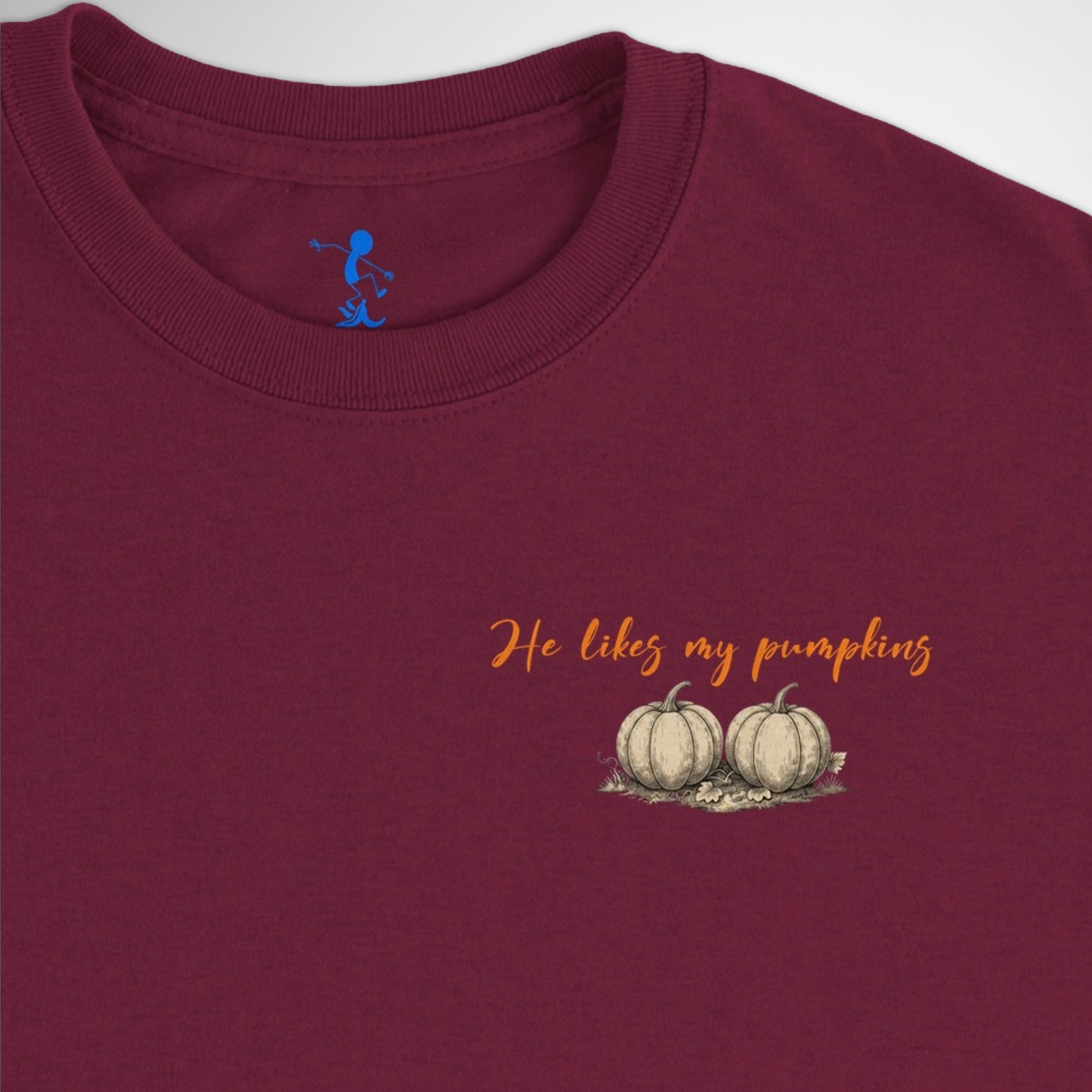 Womens He Likes My Pumpkins Halloween T-shirt available in black, maroon, navy blue, grey, and green