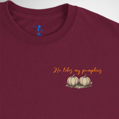 Womens He Likes My Pumpkins Halloween T-shirt available in black, maroon, navy blue, grey, and green