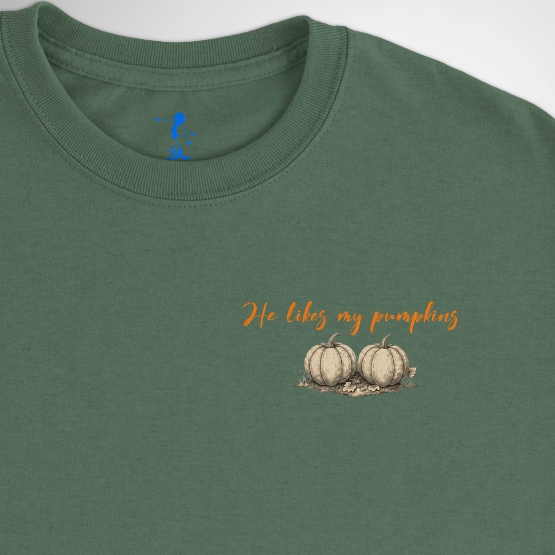 Womens He Likes My Pumpkins Halloween T-shirt available in black, maroon, navy blue, grey, and green