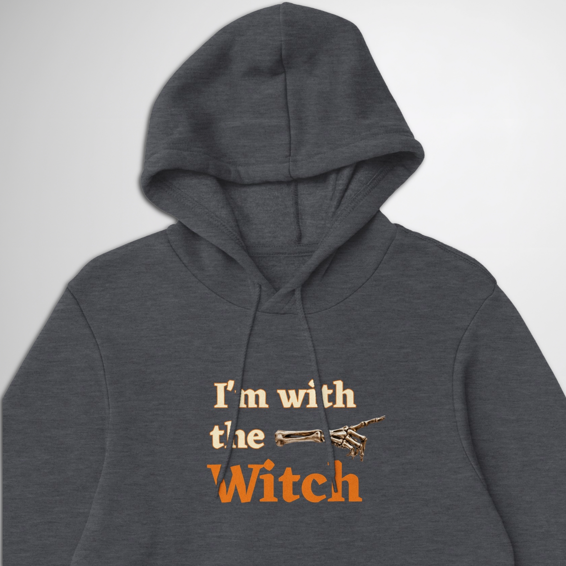 Close up of Men's I'm With The Witch Halloween pullover hoodie available in grey black, navy, green, maroon red