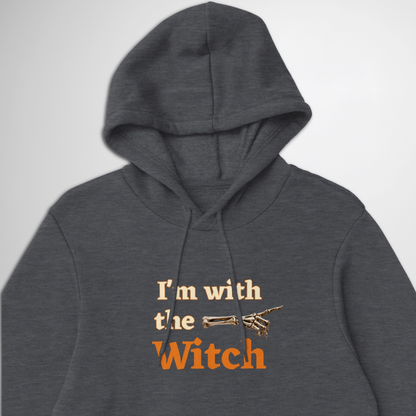 Close up of Men's I'm With The Witch Halloween pullover hoodie available in grey black, navy, green, maroon red