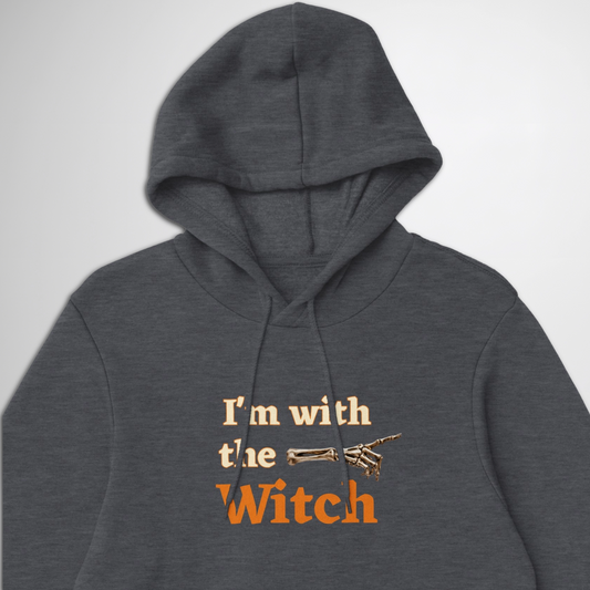 Close up of Men's I'm With The Witch Halloween pullover hoodie available in grey black, navy, green, maroon red