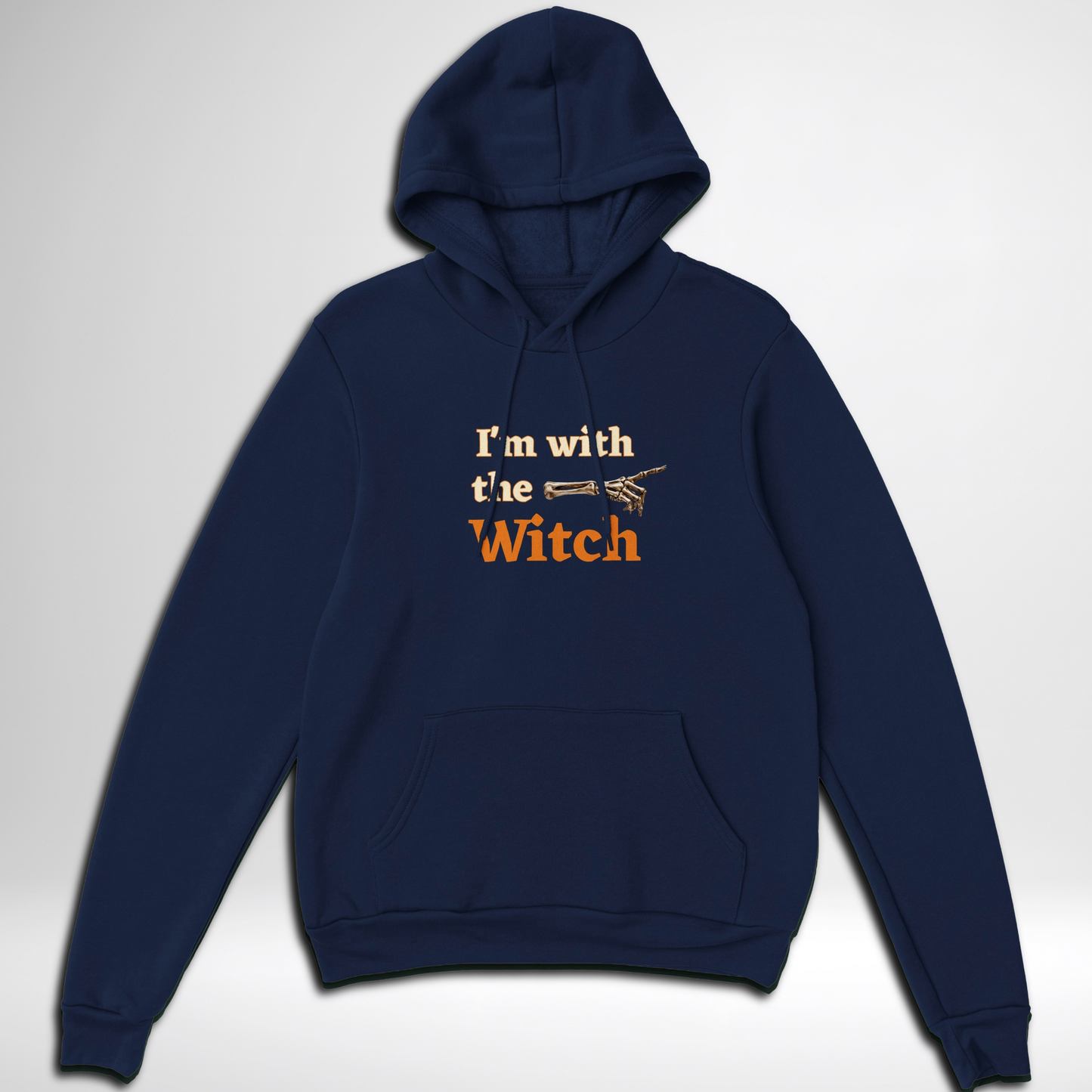 Men's I'm With The Witch Halloween pullover hoodie available in grey black, navy, green, maroon red