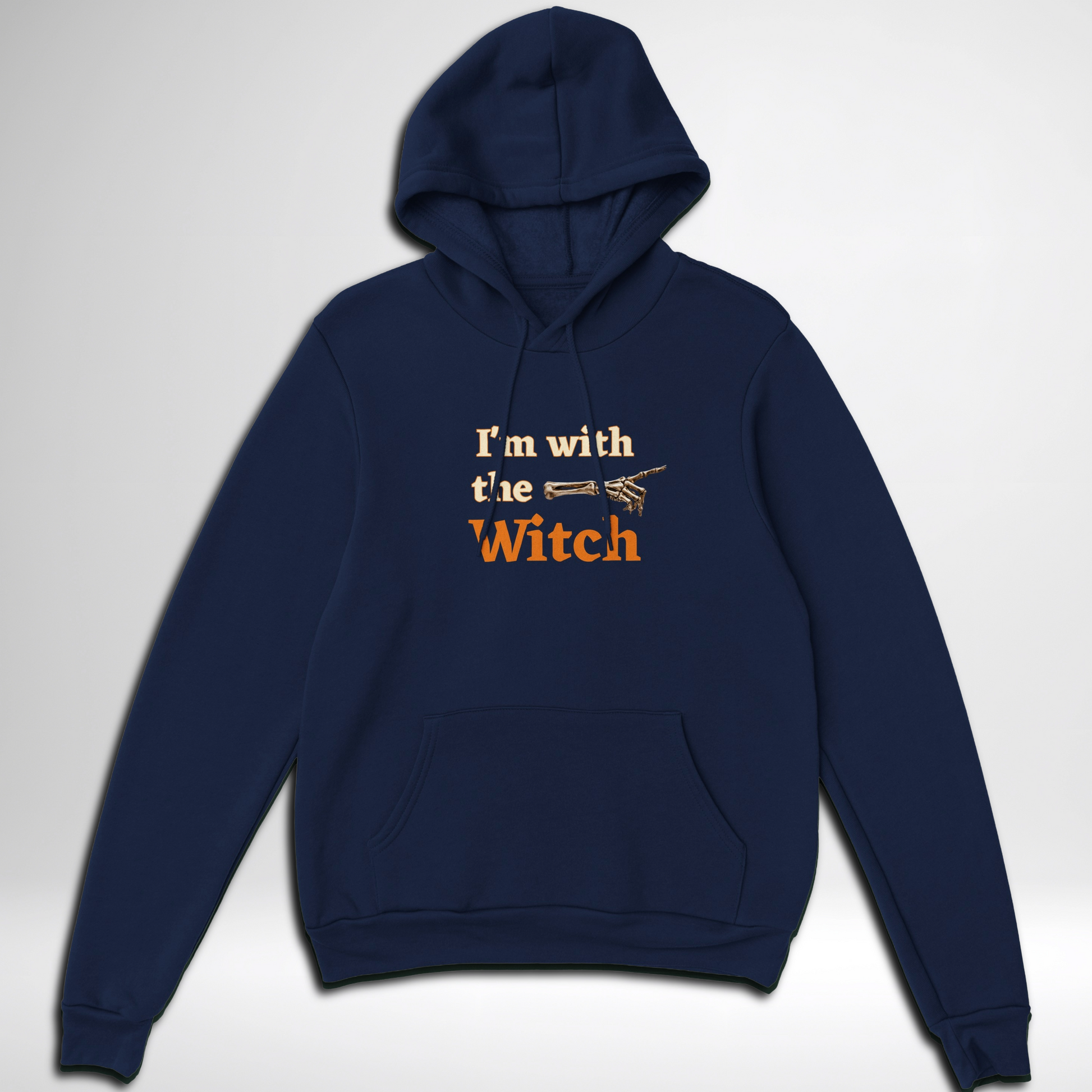 Men's I'm With The Witch Halloween pullover hoodie available in grey black, navy, green, maroon red