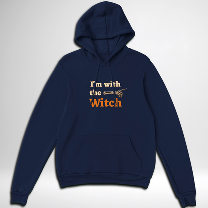 Men's I'm With The Witch Halloween pullover hoodie available in grey black, navy, green, maroon red