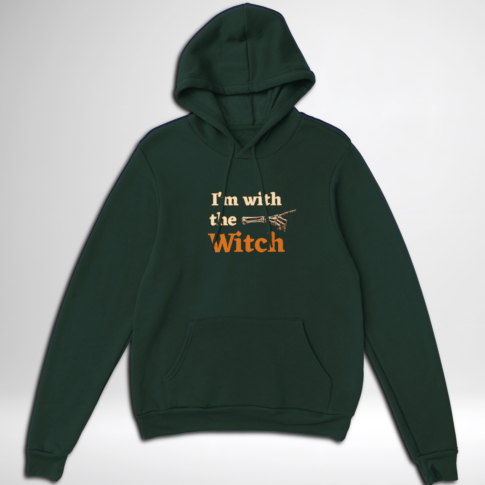 Men's I'm With The Witch Halloween pullover hoodie available in grey black, navy, green, maroon red