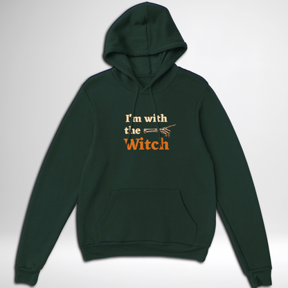 Men's I'm With The Witch Halloween pullover hoodie available in grey black, navy, green, maroon red