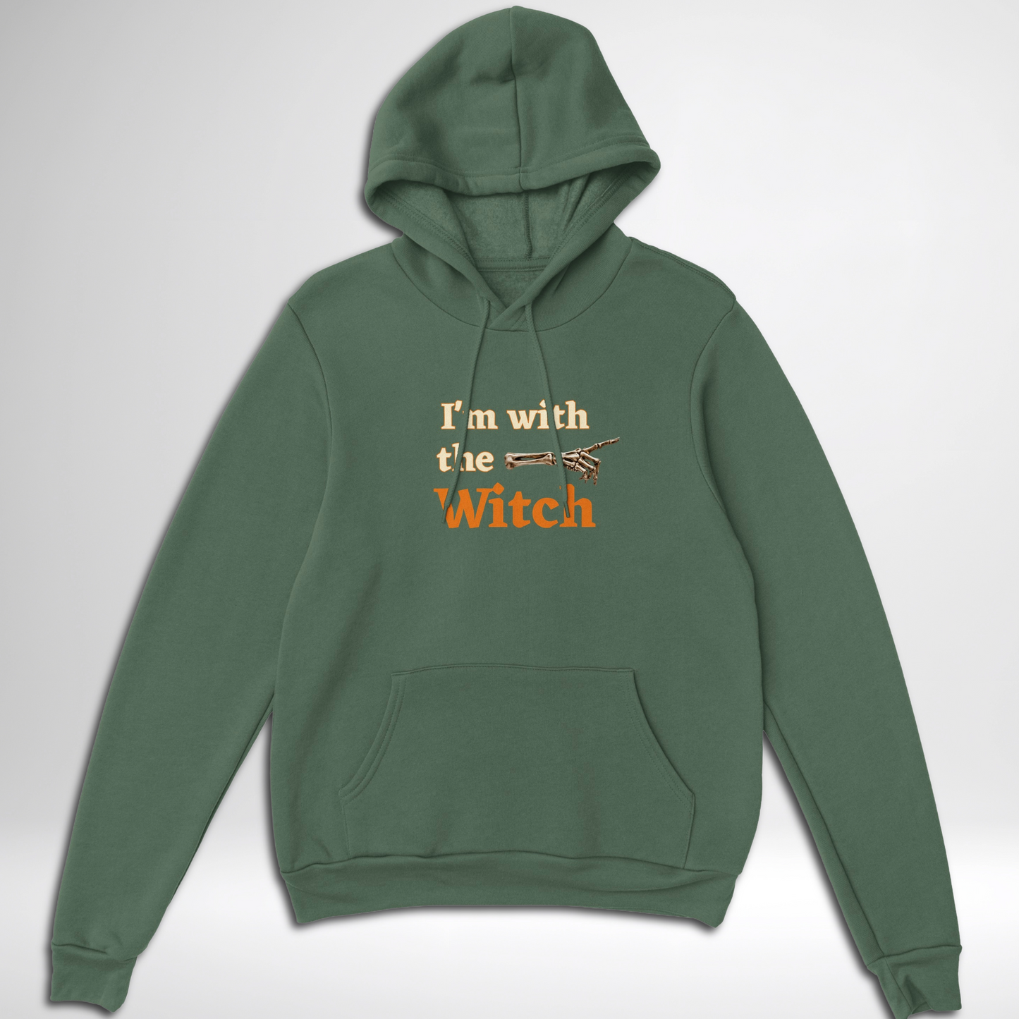 Men's I'm With The Witch Halloween pullover hoodie available in grey black, navy, green, maroon red