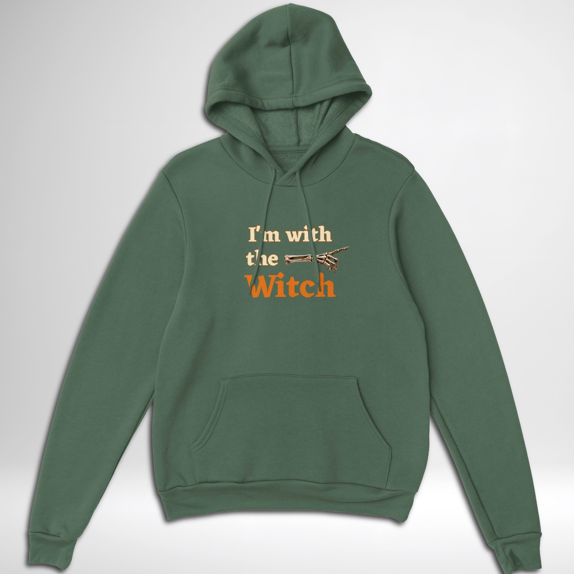Men's I'm With The Witch Halloween pullover hoodie available in grey black, navy, green, maroon red