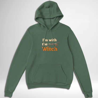 Men's I'm With The Witch Halloween pullover hoodie available in grey black, navy, green, maroon red