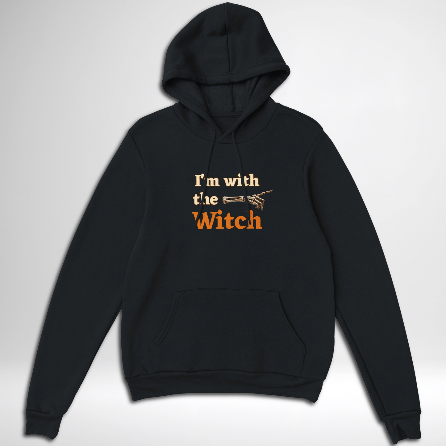 Men's I'm With The Witch Halloween pullover hoodie available in grey black, navy, green, maroon red