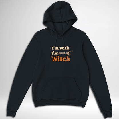 Men's I'm With The Witch Halloween pullover hoodie available in grey black, navy, green, maroon red