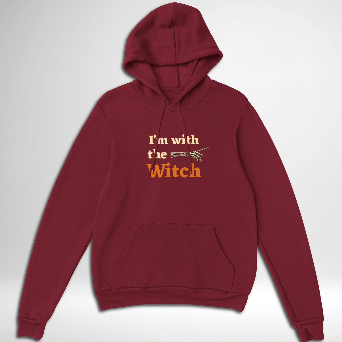 Men's I'm With The Witch Halloween pullover hoodie available in grey black, navy, green, maroon red