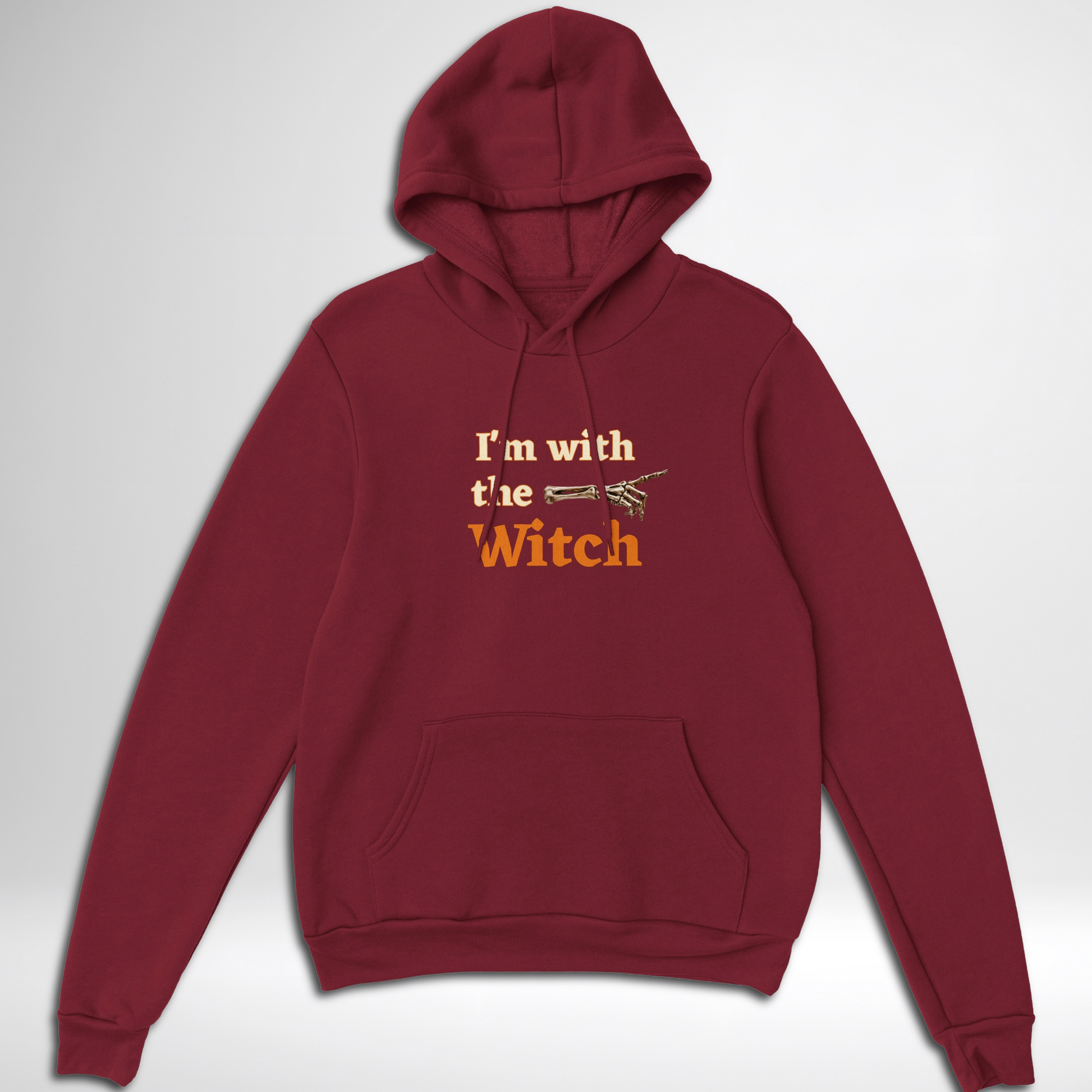 Men's I'm With The Witch Halloween pullover hoodie available in grey black, navy, green, maroon red