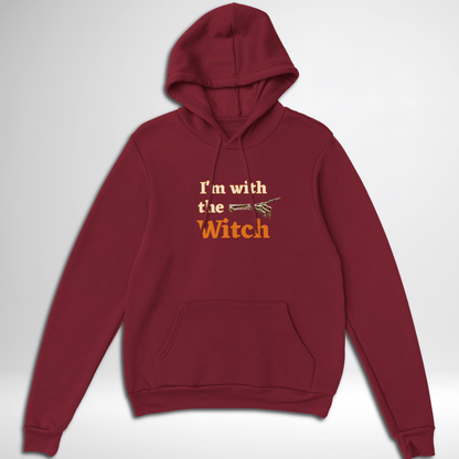Men's I'm With The Witch Halloween pullover hoodie available in grey black, navy, green, maroon red