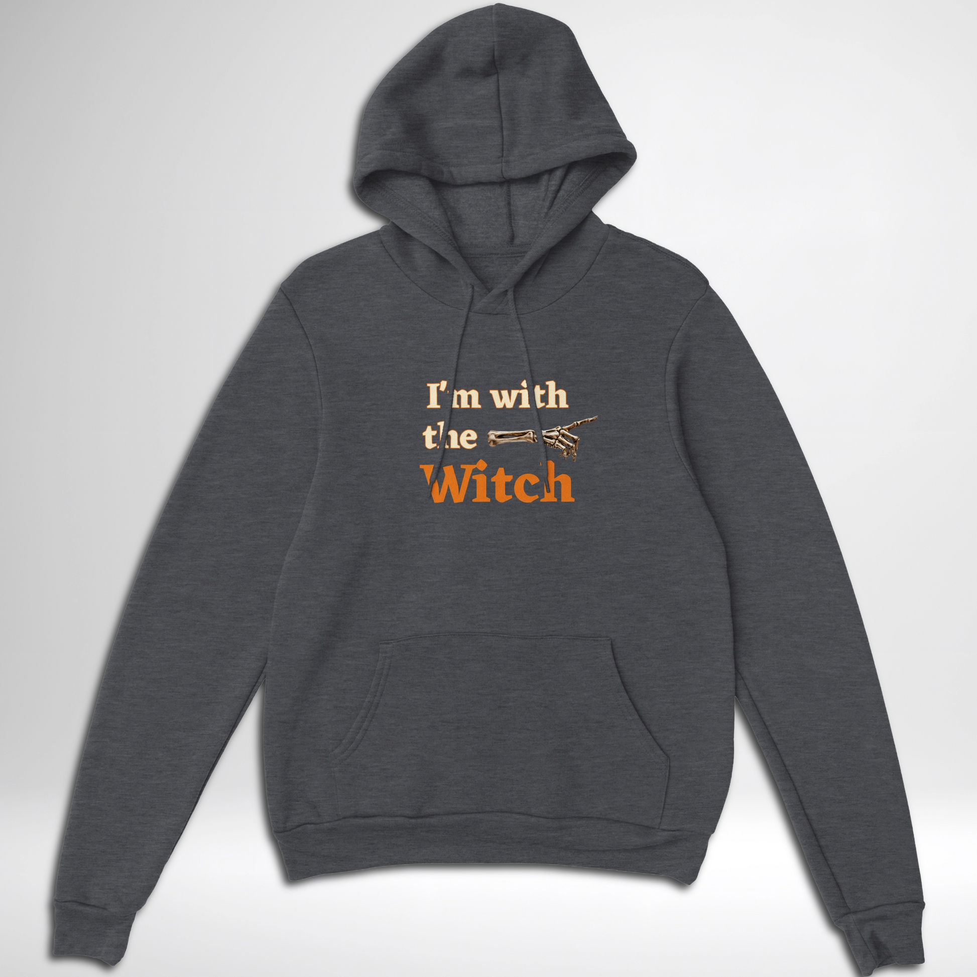 Men's I'm With The Witch Halloween pullover hoodie available in grey black, navy, green, maroon red