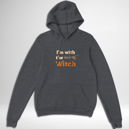 Men's I'm With The Witch Halloween pullover hoodie available in grey black, navy, green, maroon red