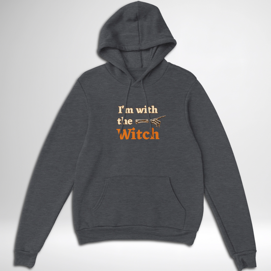 Men's I'm With The Witch Halloween pullover hoodie available in grey black, navy, green, maroon red