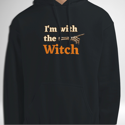 Men's I'm With The Witch Halloween pullover hoodie available in grey black, navy, green, maroon red