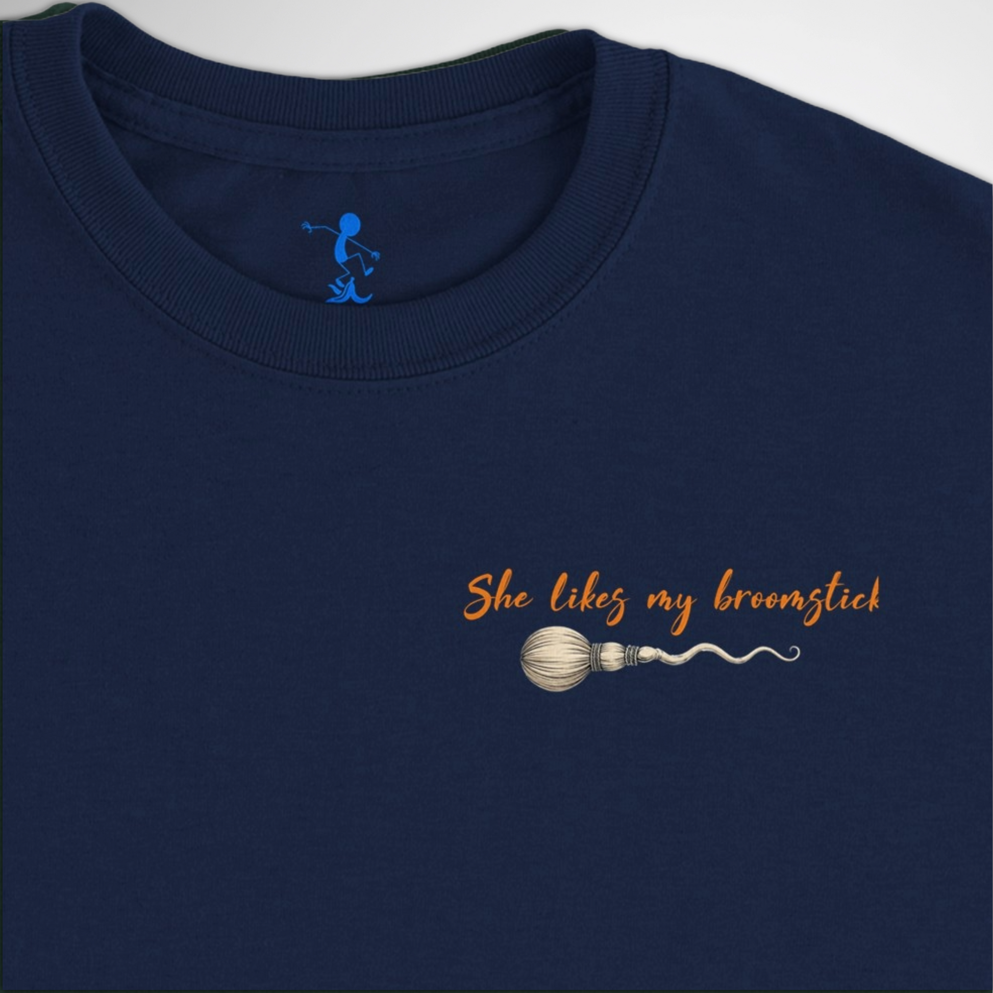 Men's She Likes My Broomstick Halloween T-shirt available in black, maroon, grey, and green