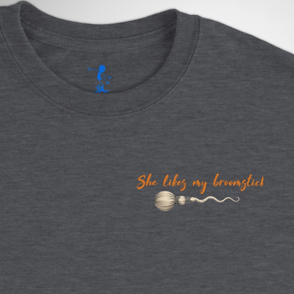 Men's She Likes My Broomstick Halloween T-shirt available in black, maroon, grey, and green