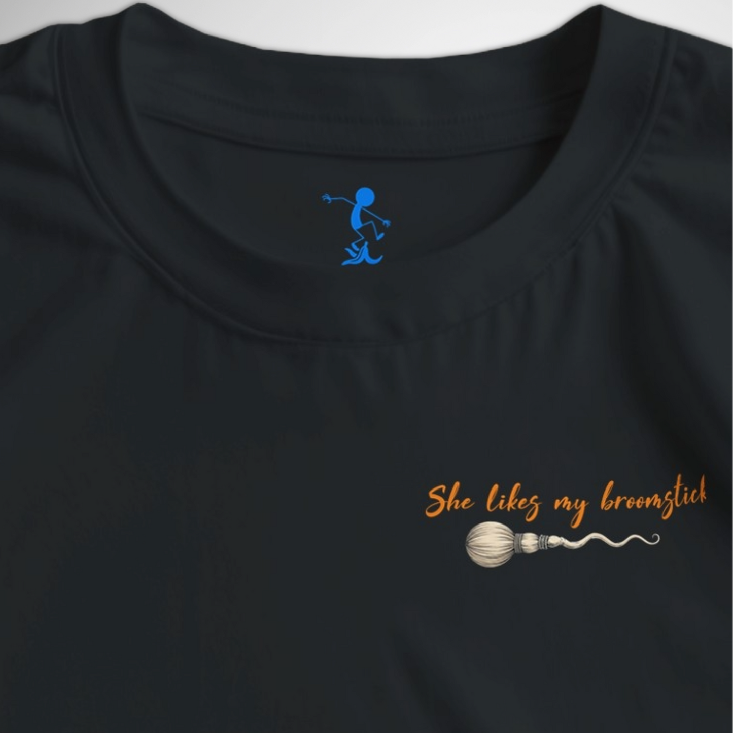 Men's She Likes My Broomstick Halloween T-shirt available in black, maroon, grey, and green