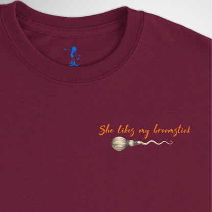 Men's She Likes My Broomstick Halloween T-shirt available in black, maroon, grey, and green