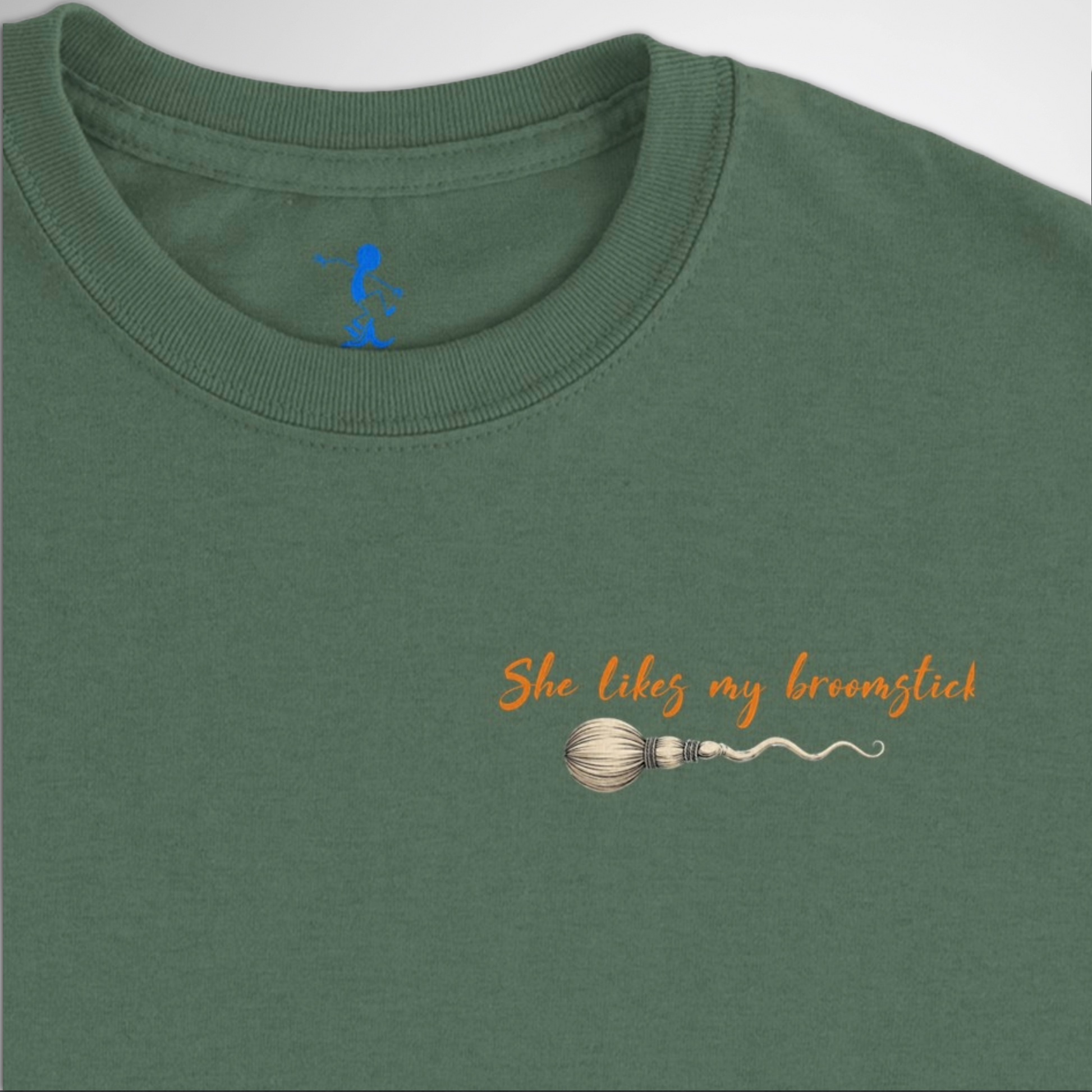 Men's She Likes My Broomstick Halloween T-shirt available in black, maroon, grey, and green